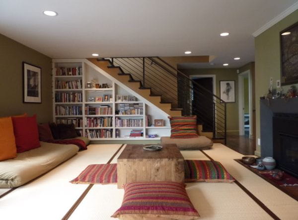 Japanese floor cushions to save space in a small living room