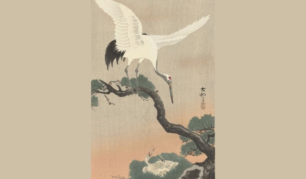 Japanese crane on a branch - ohara koson