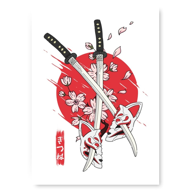 Japanese Kitsune &amp; Katana Poster - A3