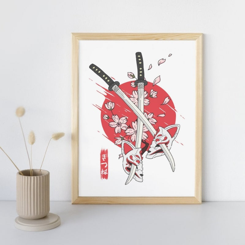 Japanese Kitsune &amp; Katana Poster - A3