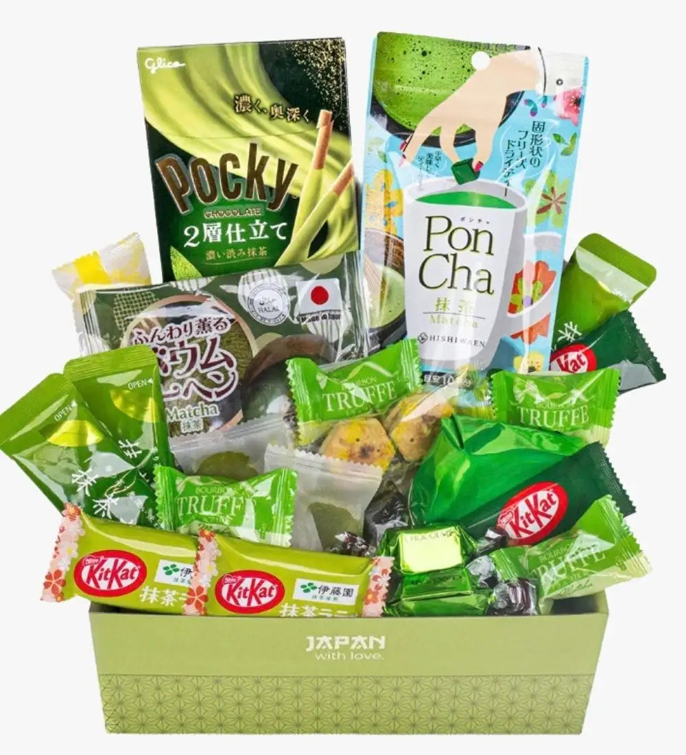 Green matcha-themed gift basket filled with assorted japanese snacks and treats.
