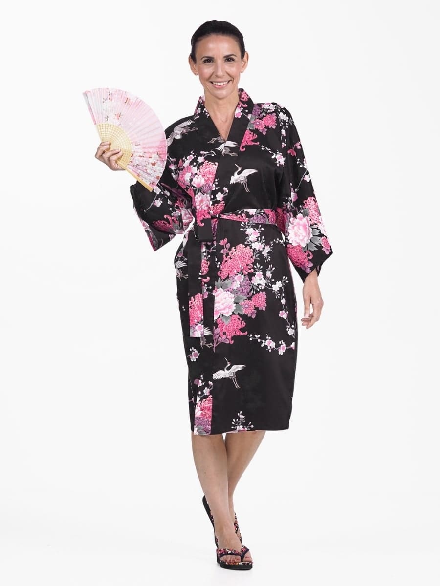 Happi Kimono Women - Black Crane & Flowers One size