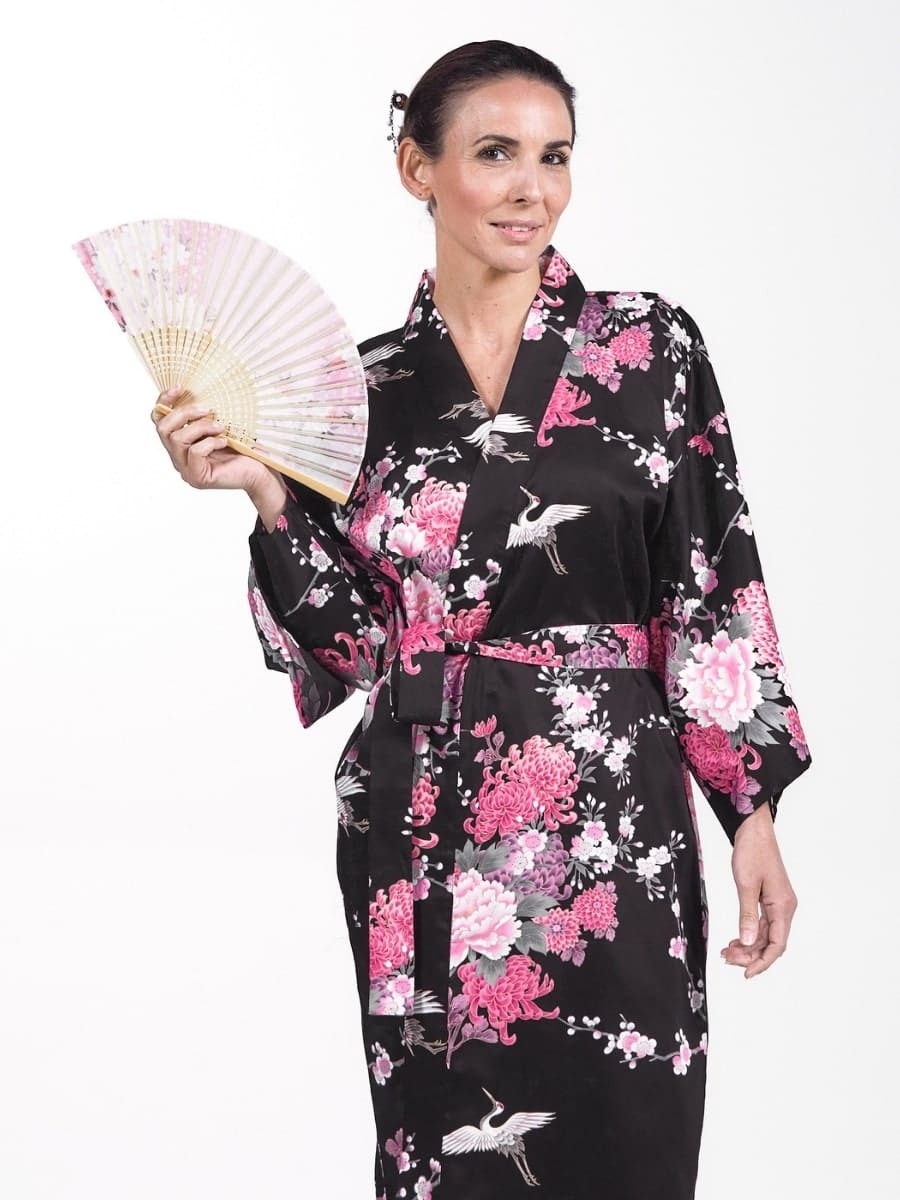 Happi Kimono Women - Black Crane & Flowers One size