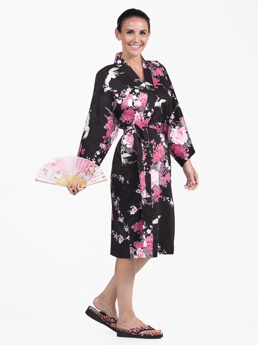 Happi Kimono Women - Black Crane & Flowers One size