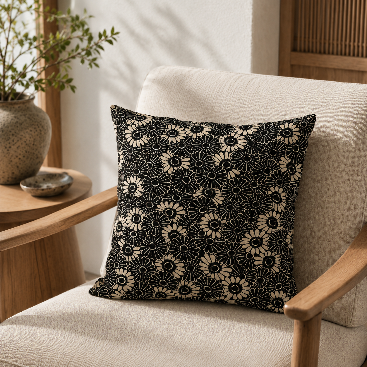 Japanese Cushion Cover - Kikuzukushi Black 18x18