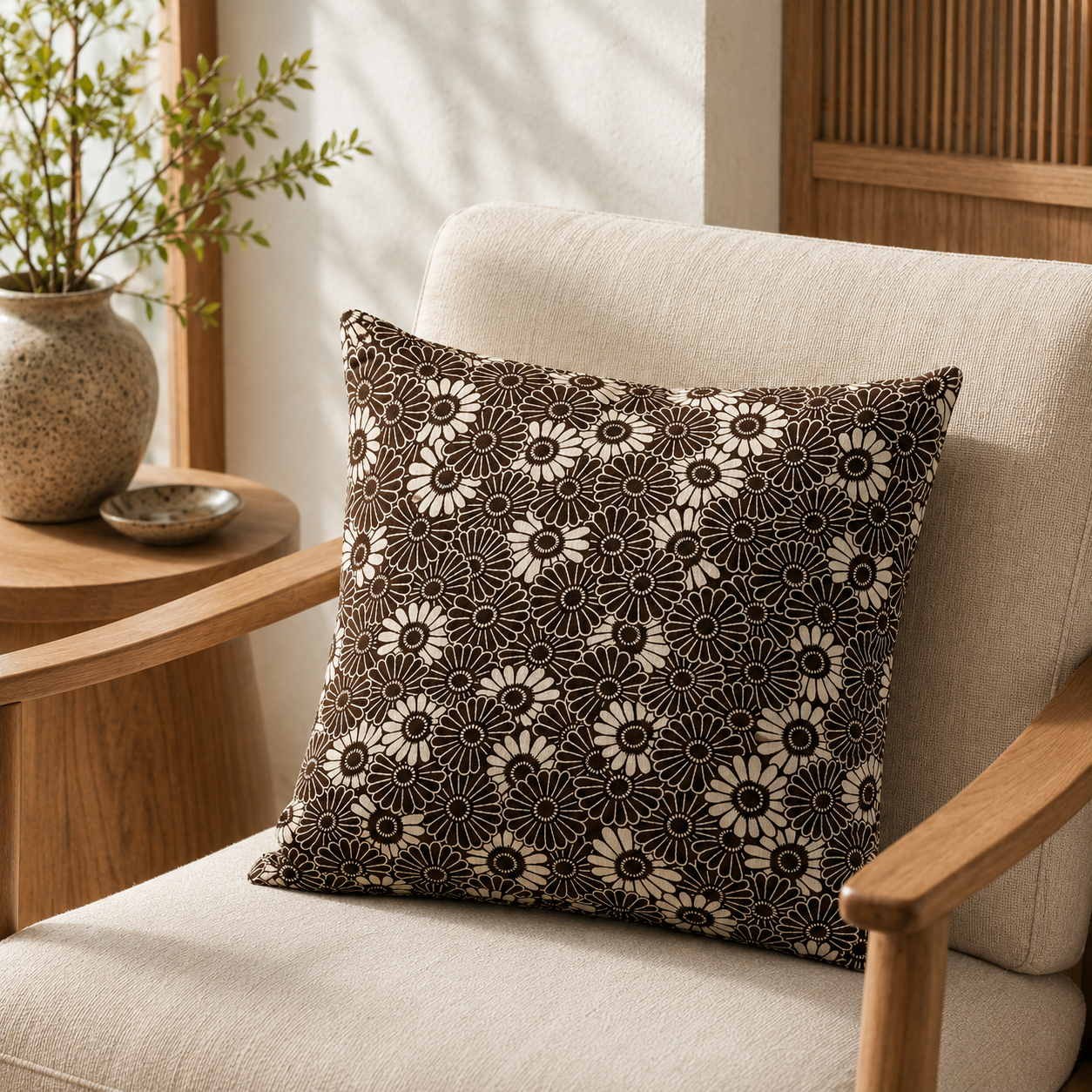 Japanese Cushion Cover - Kikuzukushi Brown 18x18