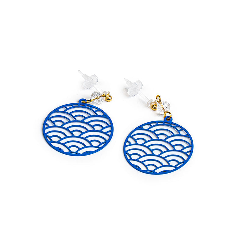 Japanese Earrings - Blue Seigaiha Pattern