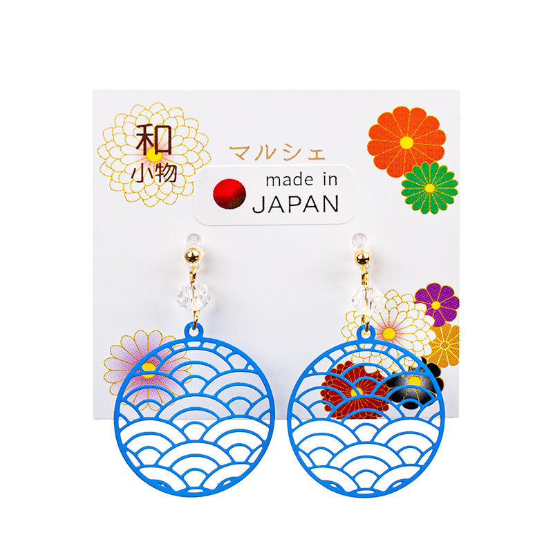 Japanese Earrings - Blue Seigaiha Pattern