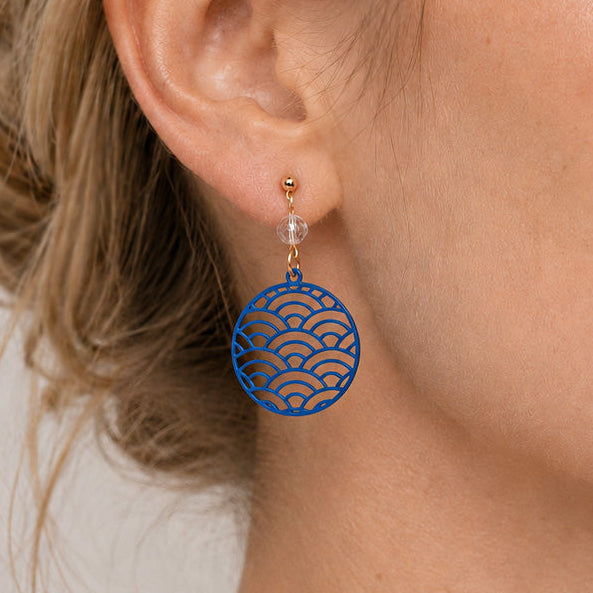 Japanese Earrings - Blue Seigaiha Pattern