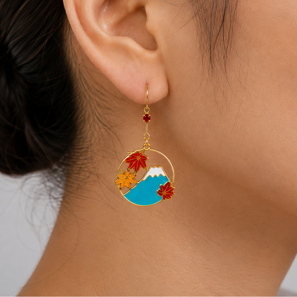 Japanese Earrings – Openwork Mount Fuji & Momiji Charm