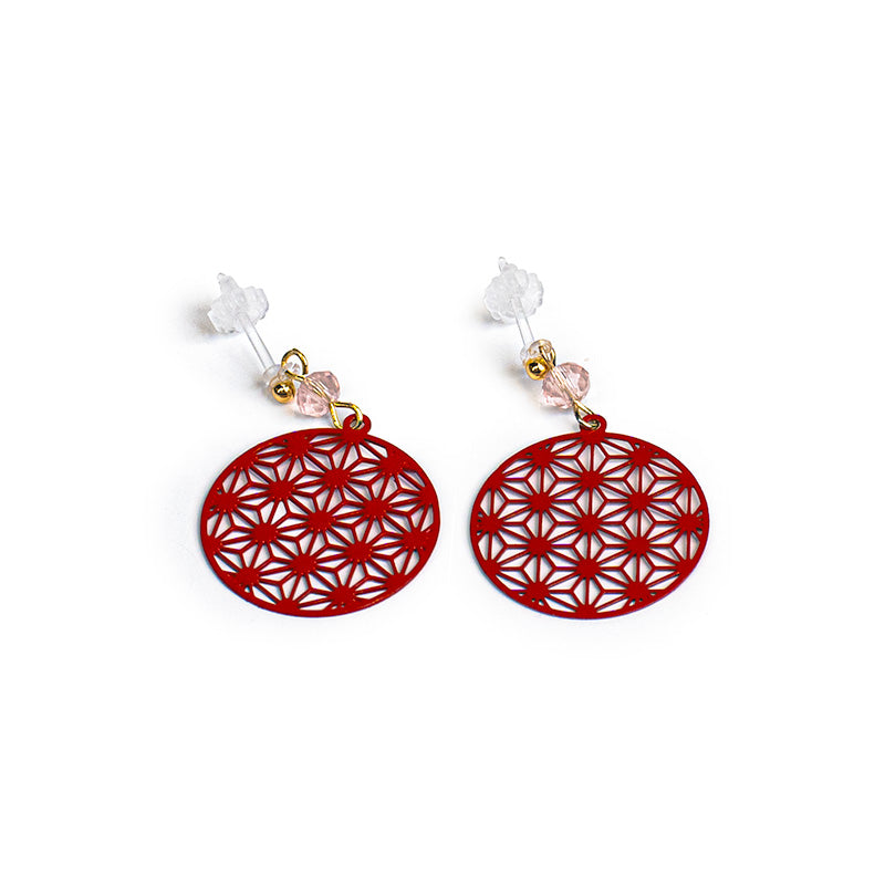 Japanese Earrings - Red Asanoha Pattern