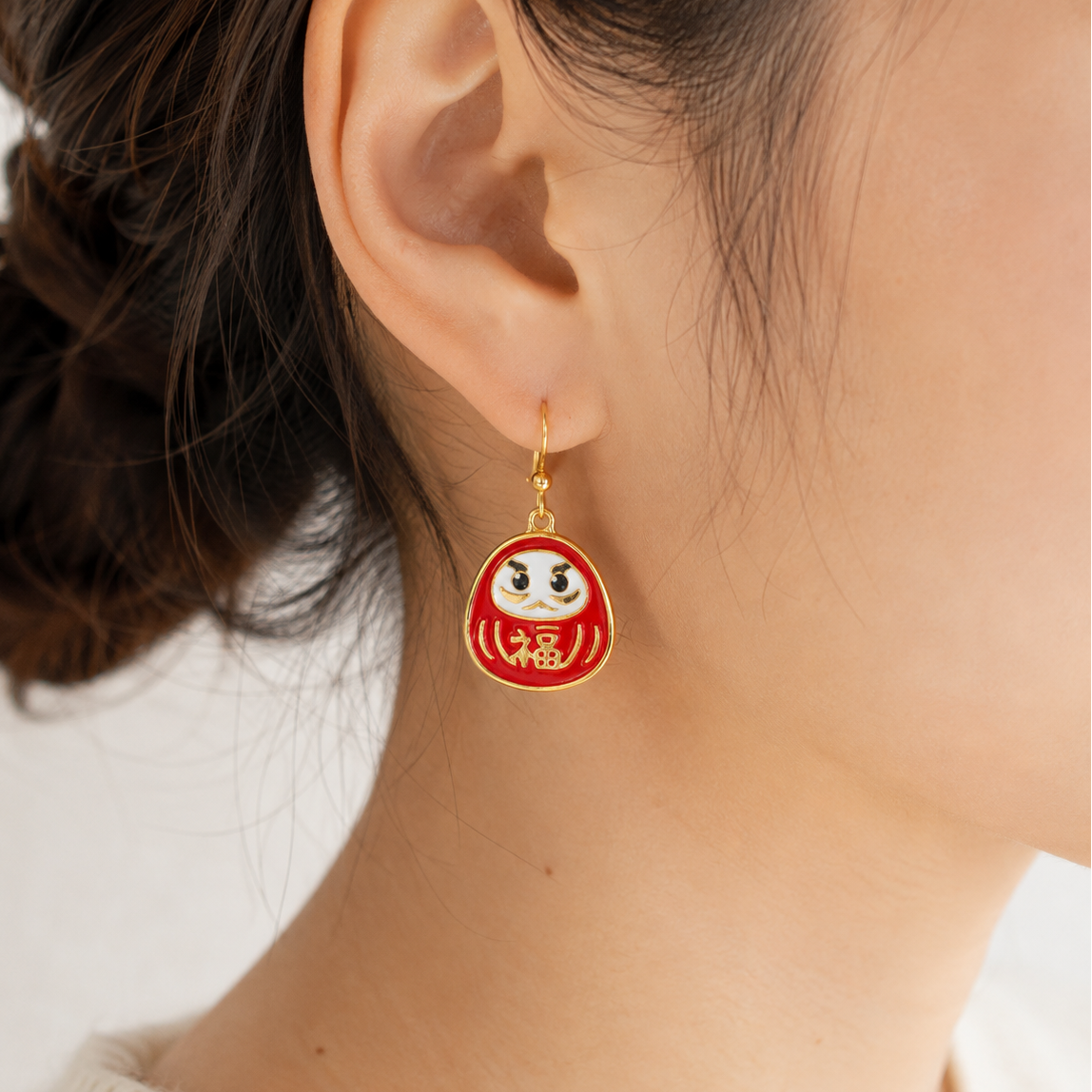 Japanese Earrings – Red Daruma with Gold-Tone Detailing