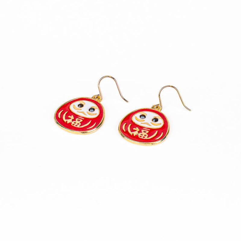 Japanese Earrings – Red Daruma with Gold-Tone Detailing