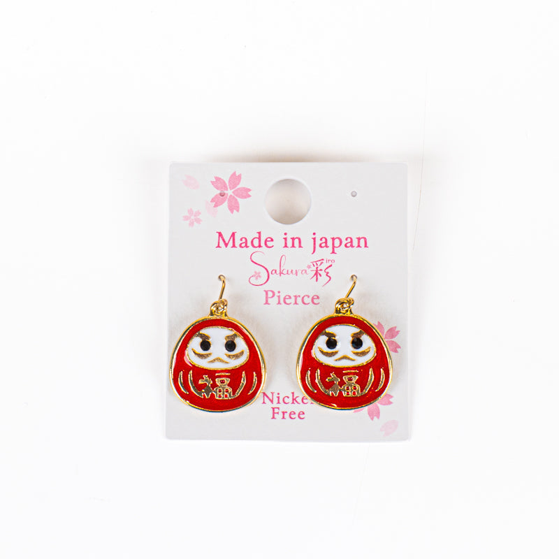 Japanese Earrings – Red Daruma with Gold-Tone Detailing