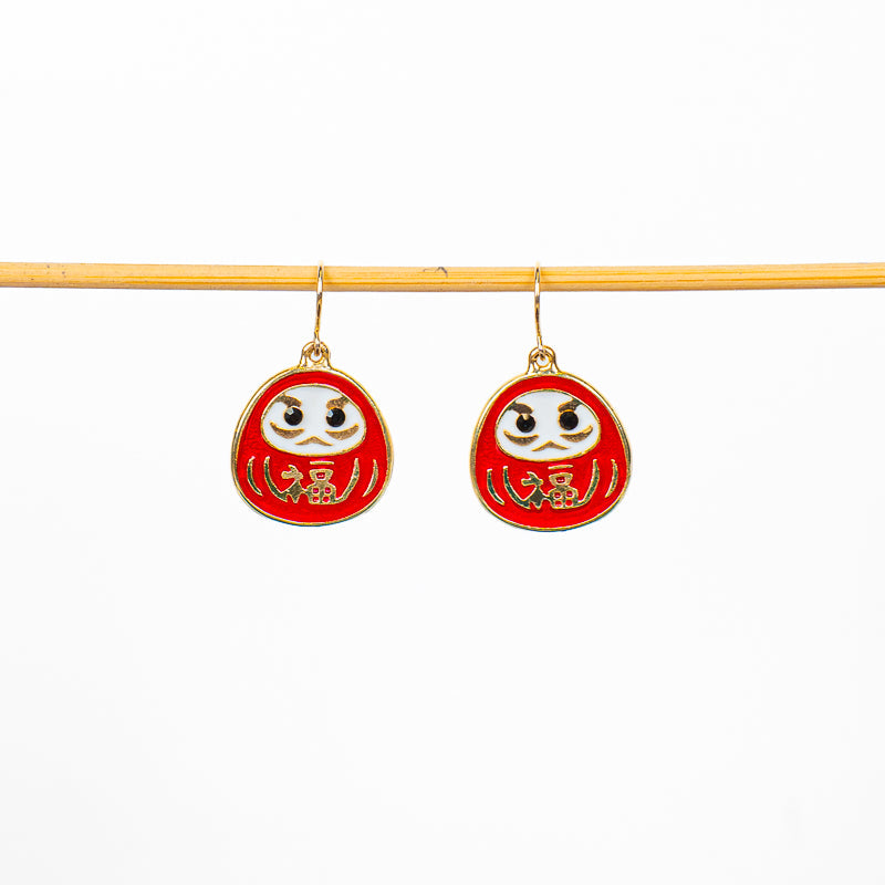 Japanese Earrings – Red Daruma with Gold-Tone Detailing