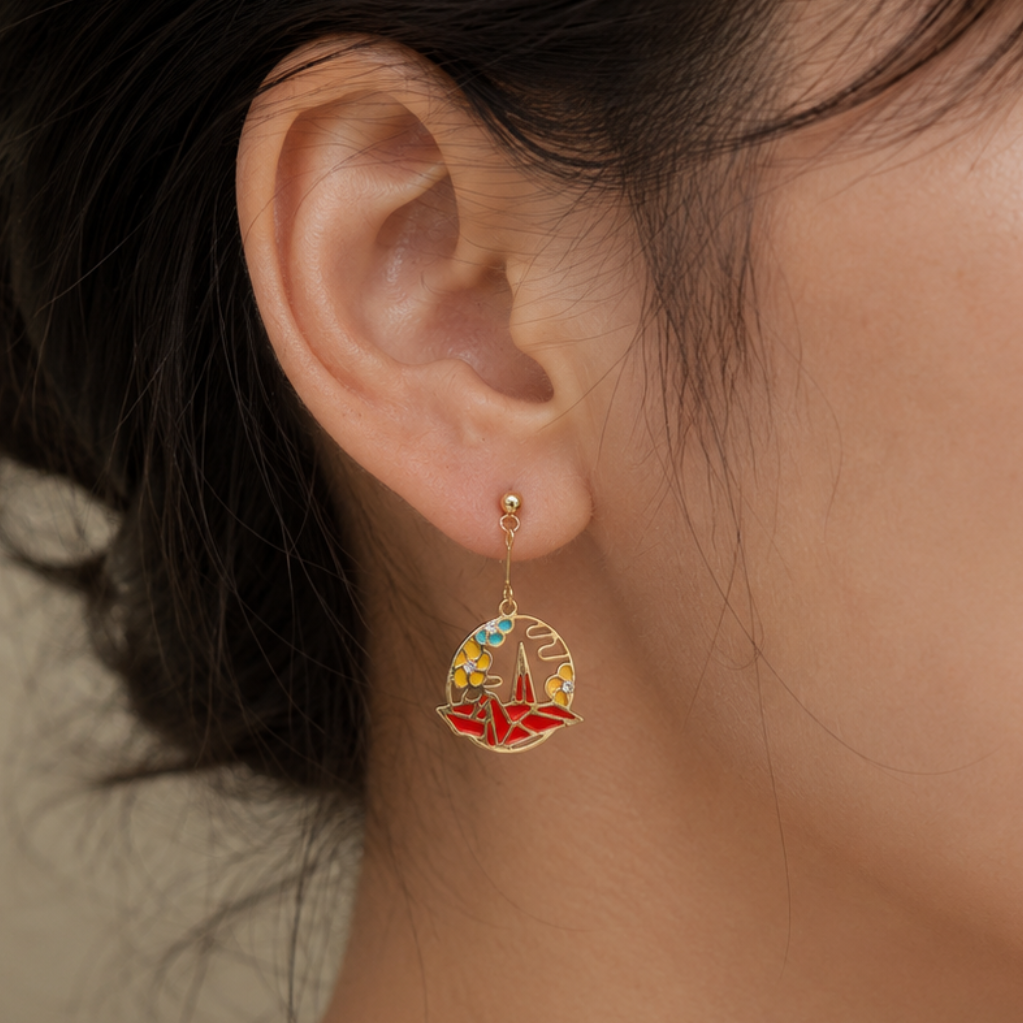 Japanese Earrings – Red Orizuru Origami Crane Charm