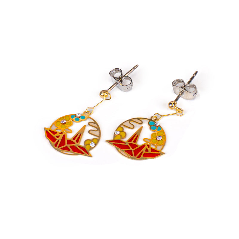 Japanese Earrings – Red Orizuru Origami Crane Charm