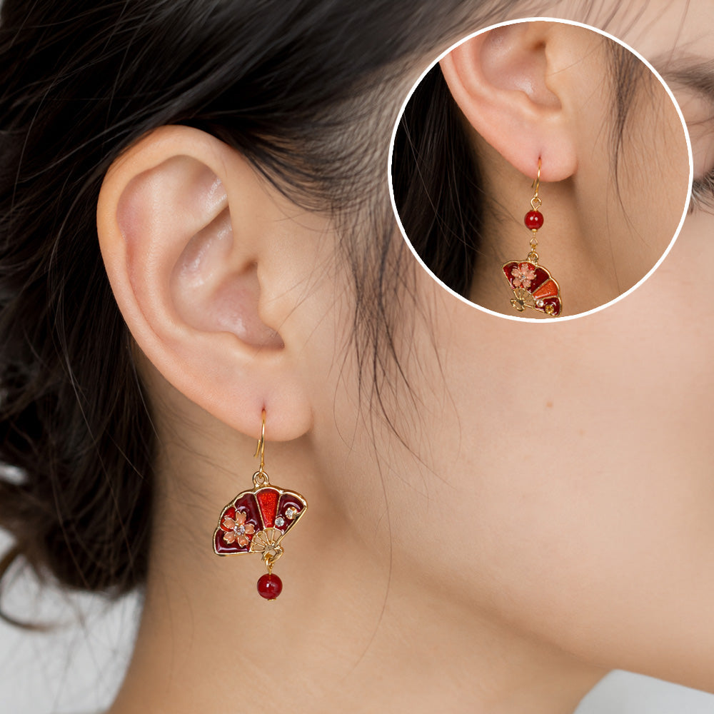 Japanese Earrings – Red Sensu Fan & Sakura Blossom