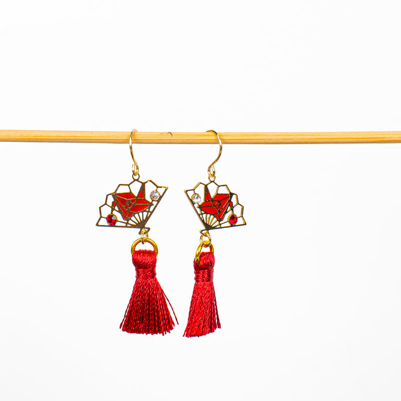 Japanese Earrings – Sensu Fan Origami Crane & Red Tassel