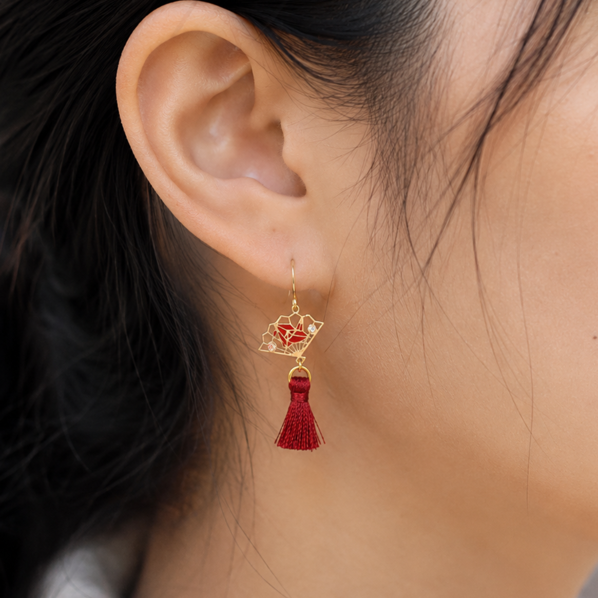 Japanese Earrings – Sensu Fan Origami Crane & Red Tassel