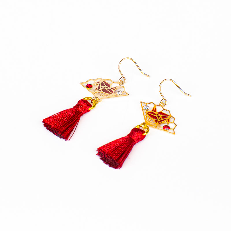 Japanese Earrings – Sensu Fan Origami Crane & Red Tassel