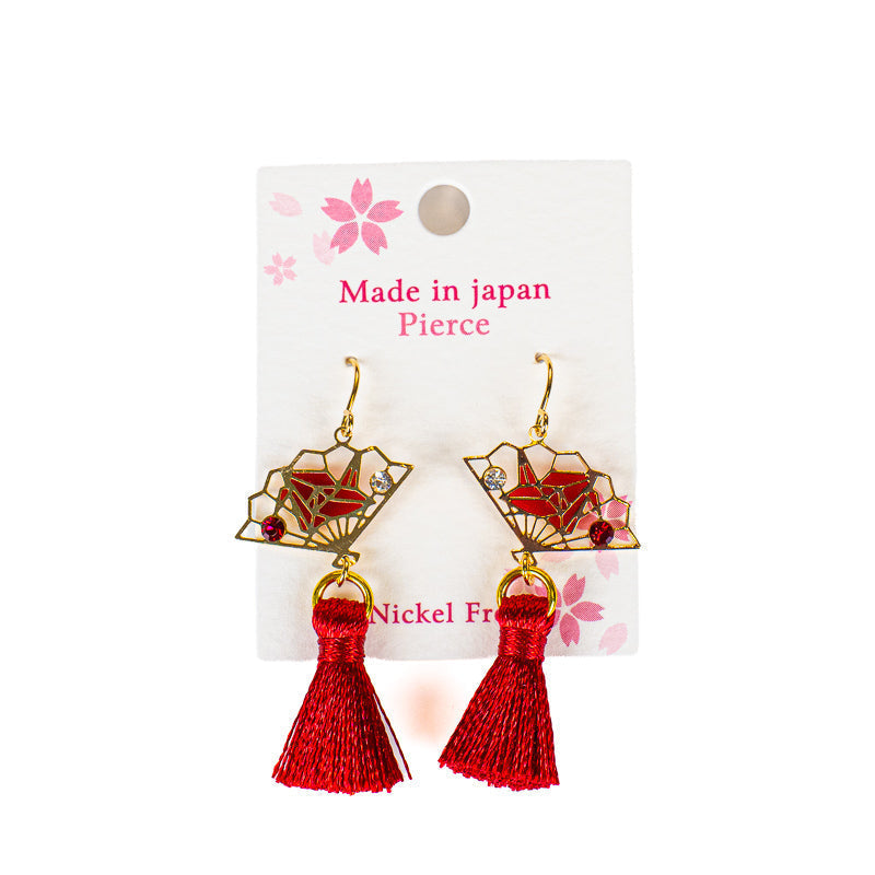 Japanese Earrings – Sensu Fan Origami Crane & Red Tassel