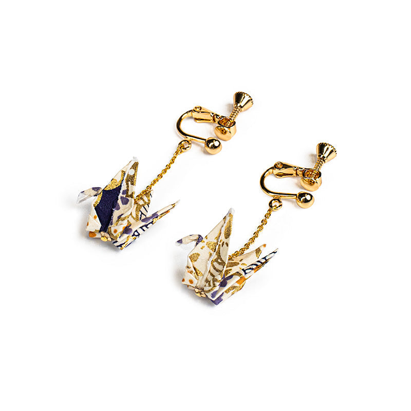 Japanese Earrings – White Crane Chains Clip-On