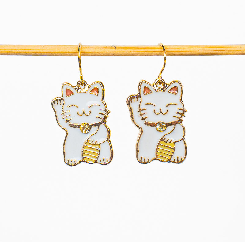 Japanese Earrings – White & Gold Maneki-Neko Lucky Cat