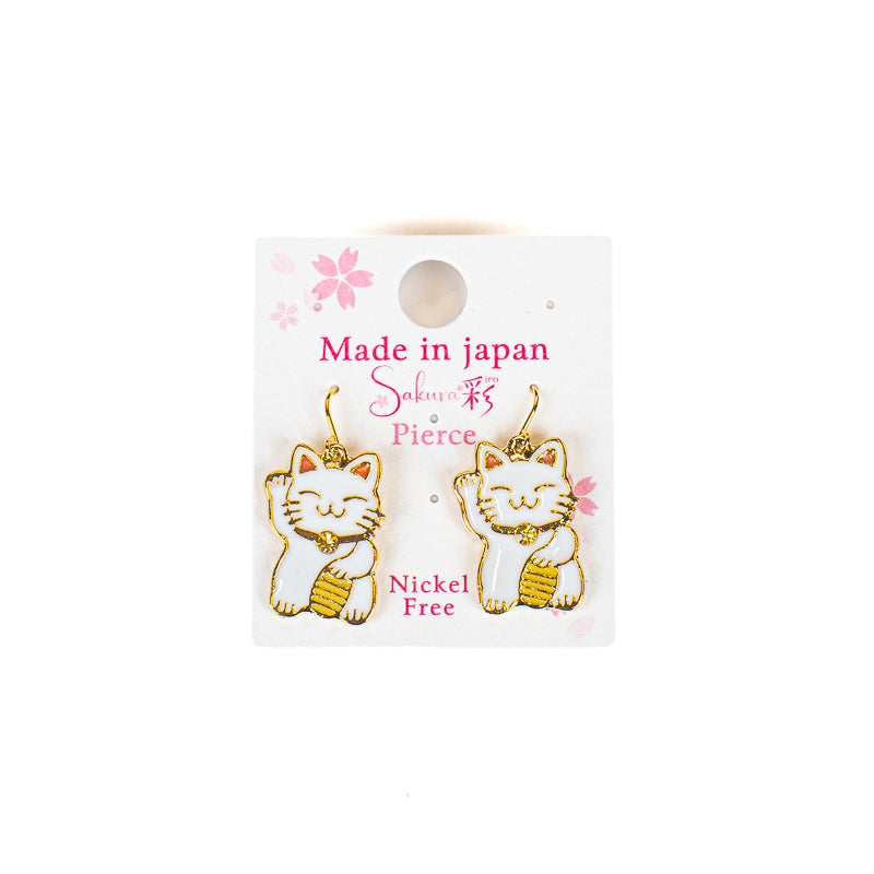 Japanese Earrings – White & Gold Maneki-Neko Lucky Cat