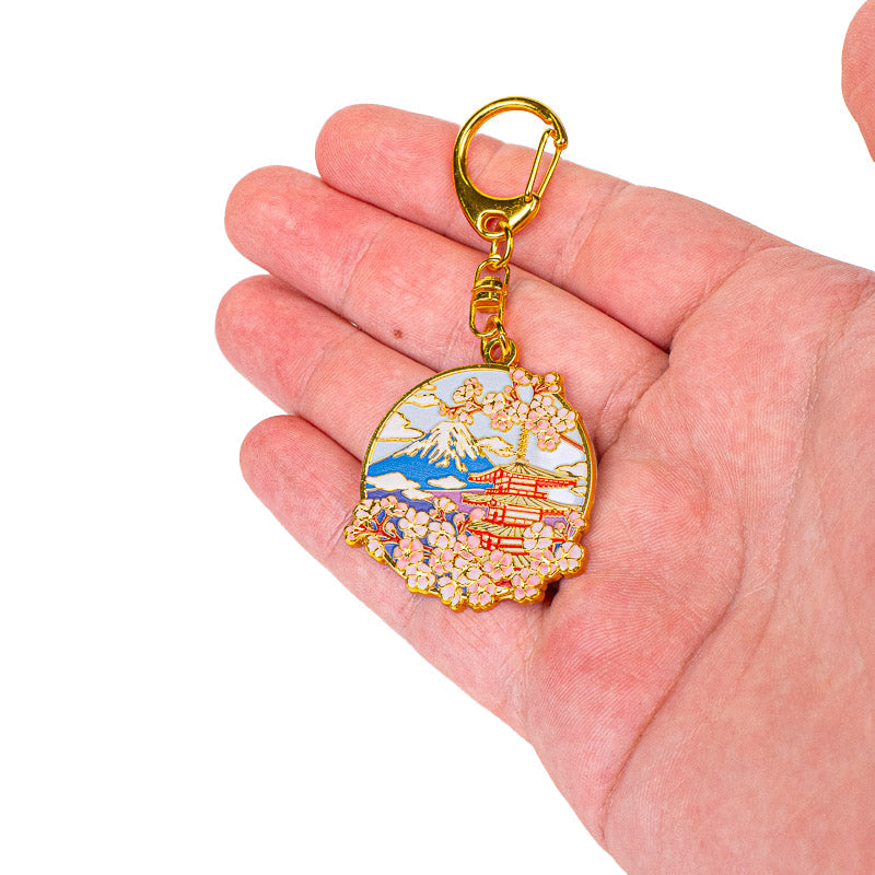 Japanese Gold-Tone Metal Keyring – Pagoda & Mount Fuji Charm