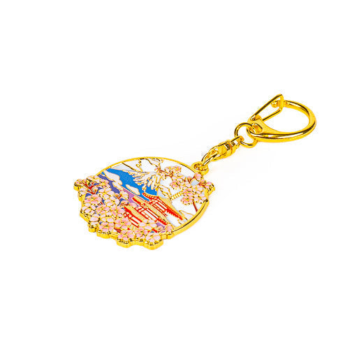 Japanese Gold-Tone Metal Keyring – Pagoda & Mount Fuji Charm