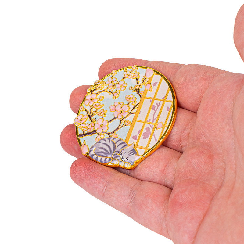 Japanese Gold-Tone Metal Magnet – Cat & Sakura