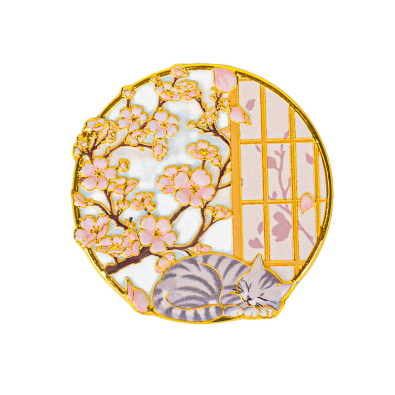 Japanese Gold-Tone Metal Magnet – Cat & Sakura