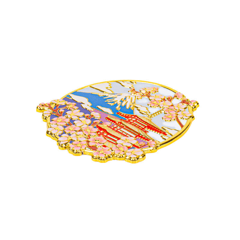Japanese Gold-Tone Metal Magnet – Chureito Pagoda Mount Fuji & Sakura