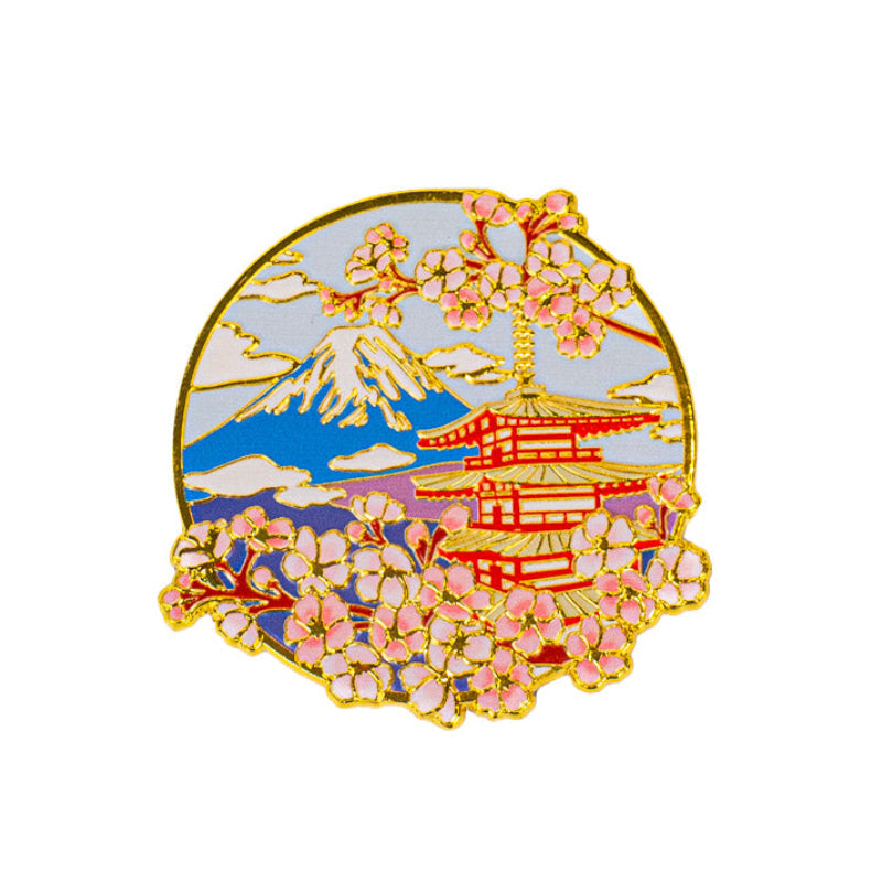 Japanese Gold-Tone Metal Magnet – Chureito Pagoda Mount Fuji & Sakura