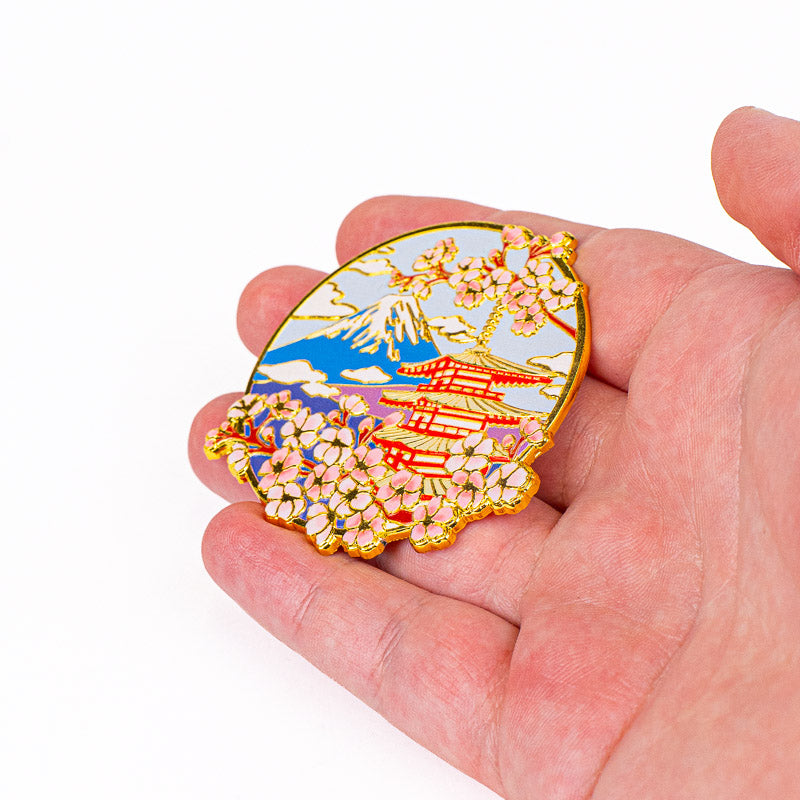 Japanese Gold-Tone Metal Magnet – Chureito Pagoda Mount Fuji & Sakura