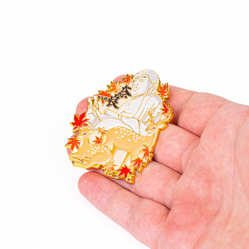 Japanese Gold-Tone Metal Magnet – Deer Buddha & Momiji Leaves