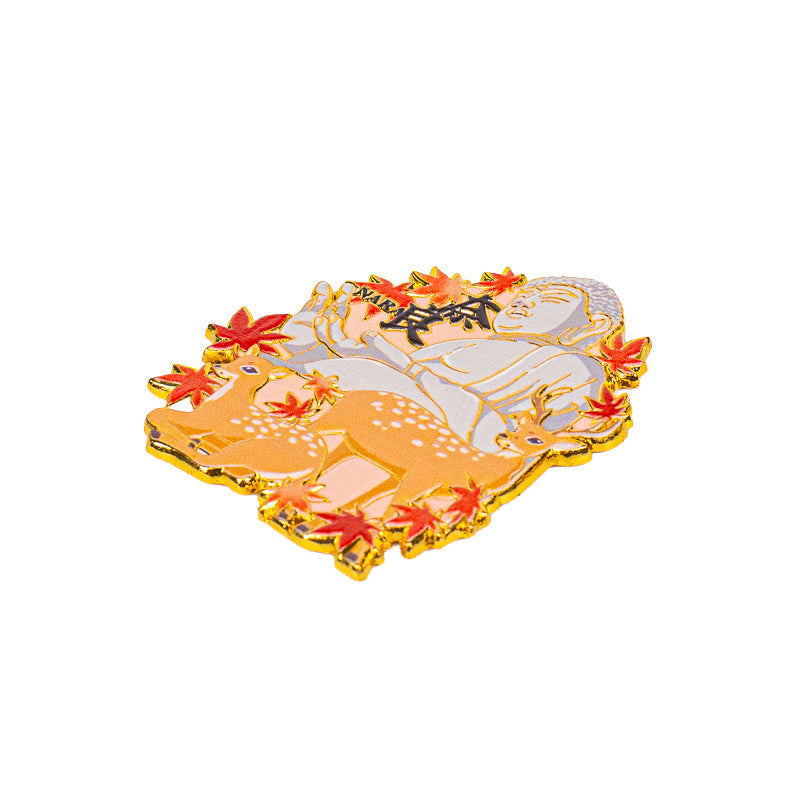 Japanese Gold-Tone Metal Magnet – Deer Buddha & Momiji Leaves