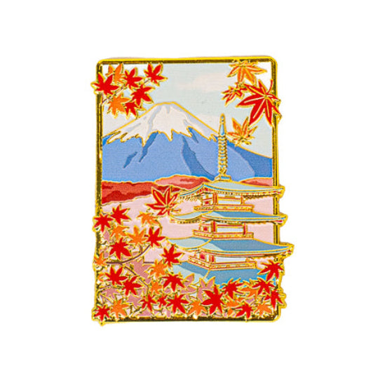 Japanese Gold-Tone Metal Magnet – Momiji Pagoda & Mount Fuji