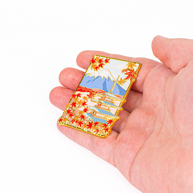 Japanese Gold-Tone Metal Magnet – Momiji Pagoda & Mount Fuji