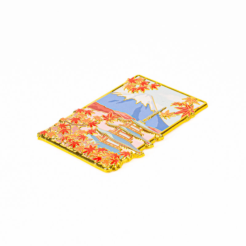 Japanese Gold-Tone Metal Magnet – Momiji Pagoda & Mount Fuji