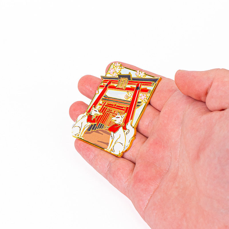 Japanese Gold-Tone Metal Magnet – Torii Gate & Kitsune Foxes