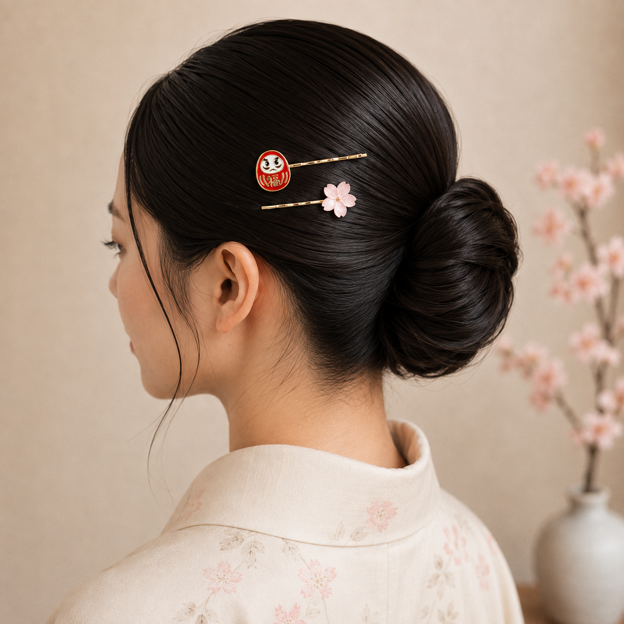 Japanese Hair Slides – Daruma & Sakura Blossom