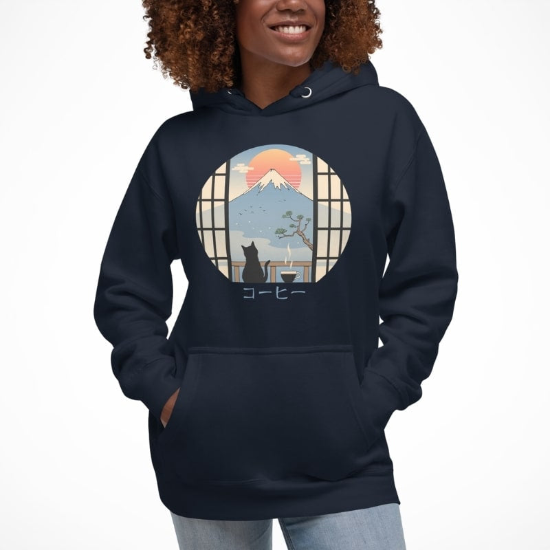 Japanese Hoodie - Cat & Mount Fuji