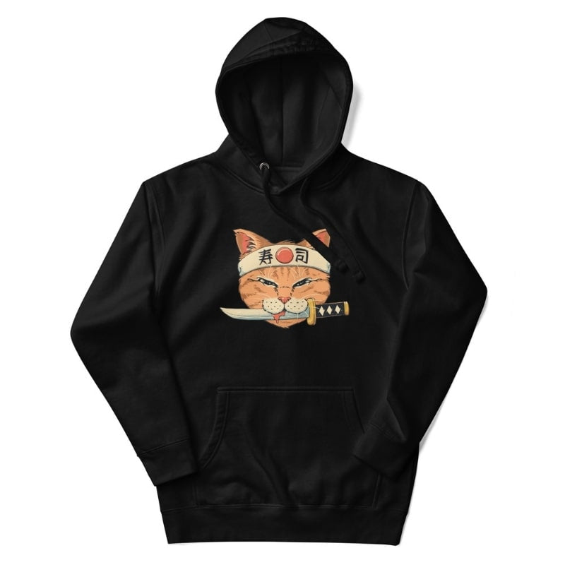 Japanese Hoodie - Neko Sushi Katana S / Black