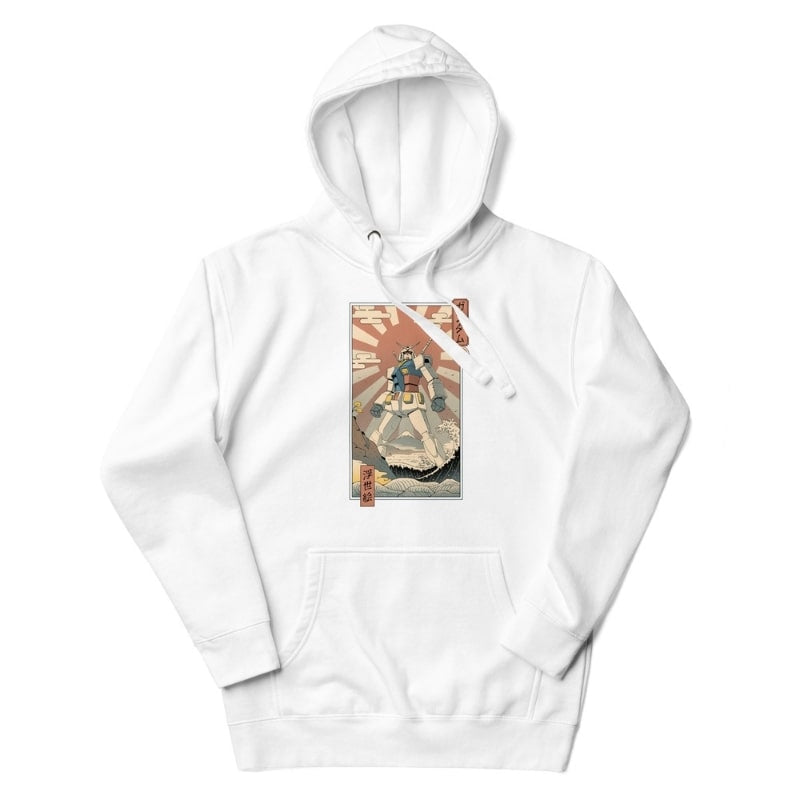Japanese Hoodie - Ukiyo-e Mecha & Fuji S / White