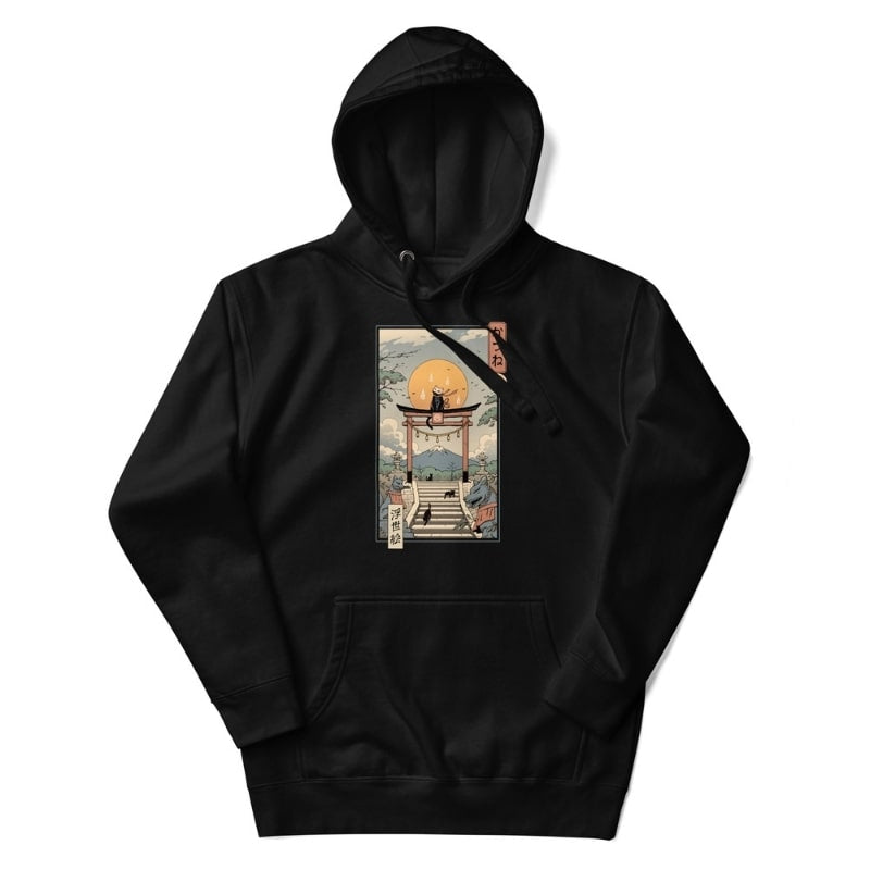 Japanese Hoodie - Ukiyo-e Neko Inari S / Black