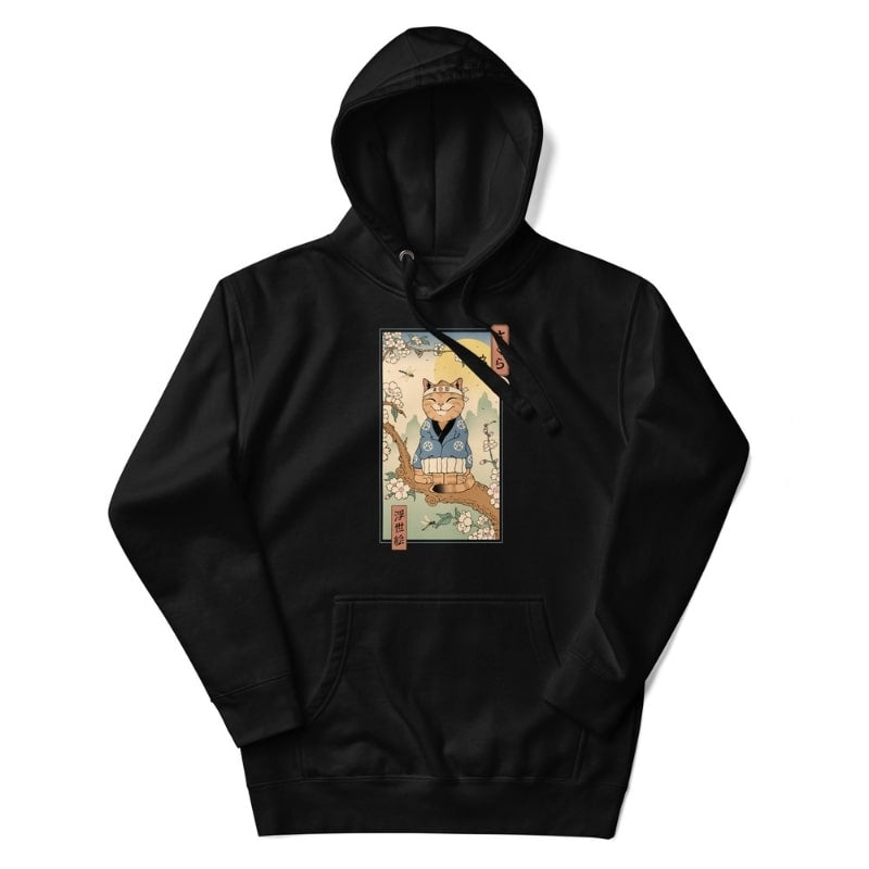 Japanese Hoodie - Ukiyo-e Neko Sakura S / Black