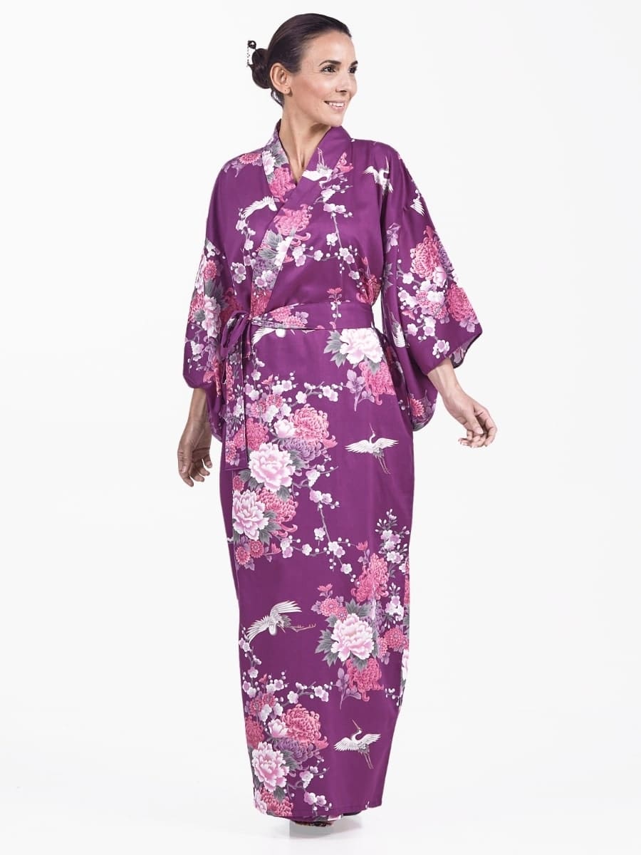 Japanese Kimono Women - Purple Peony & Crane One size