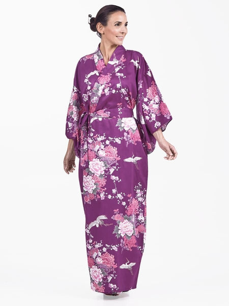 purple kimono dress Purple Yukata with Flying Cranes & Peonies